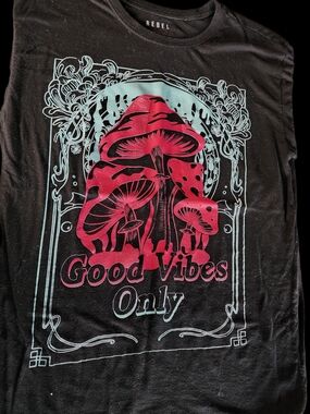 Rebel "Good Vibes Only" Black Tee with Pink Mushroom Graphic